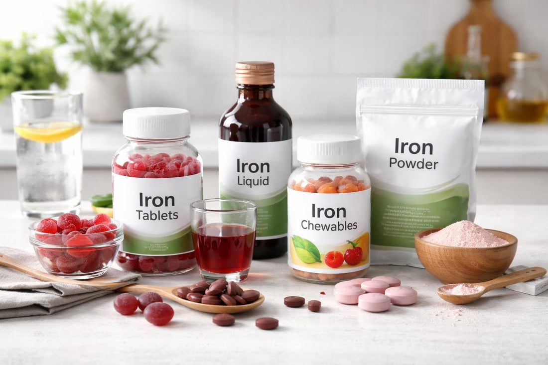 Assorted iron supplements: gummies tablets chewables powder