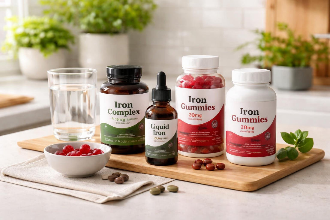 selection of iron supplement bottles and gummies