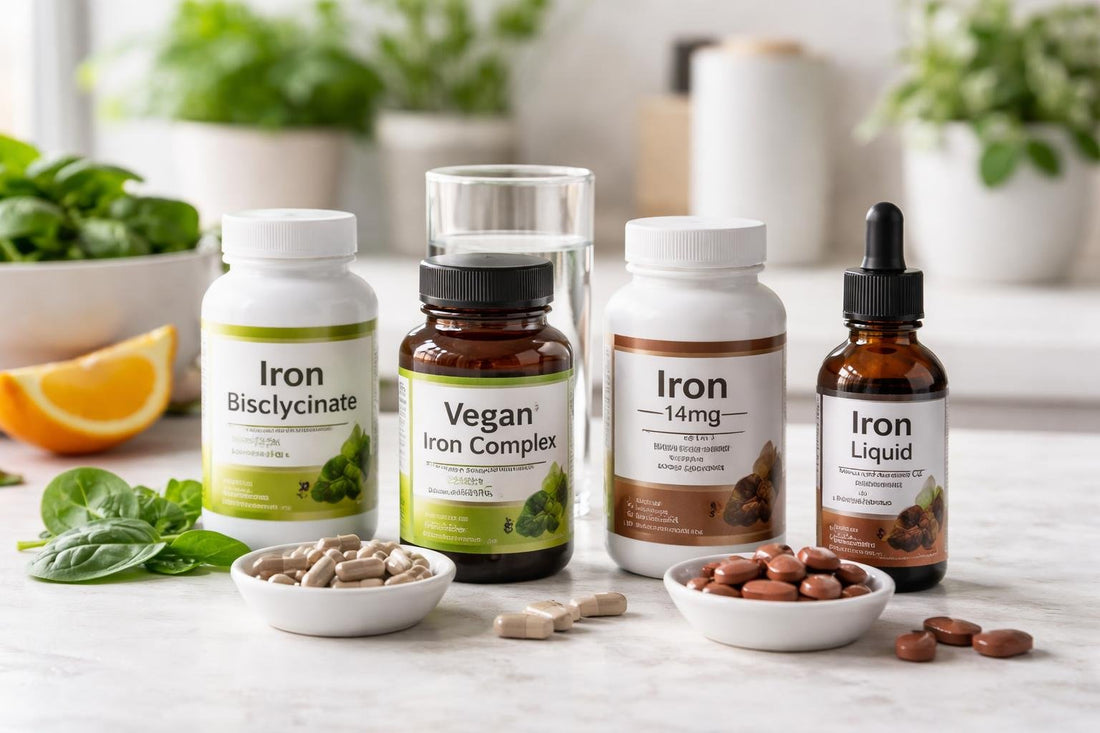 Assorted iron supplements in bottles and capsules