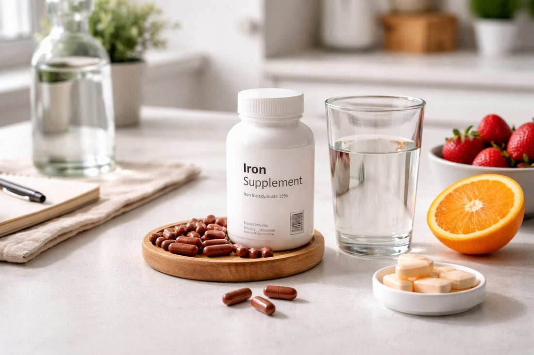 Iron supplement with water and vitamin C on table