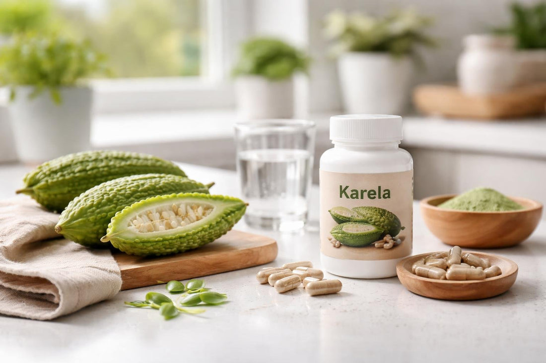 Karela supplement capsules and bitter melon on a UK kitchen table