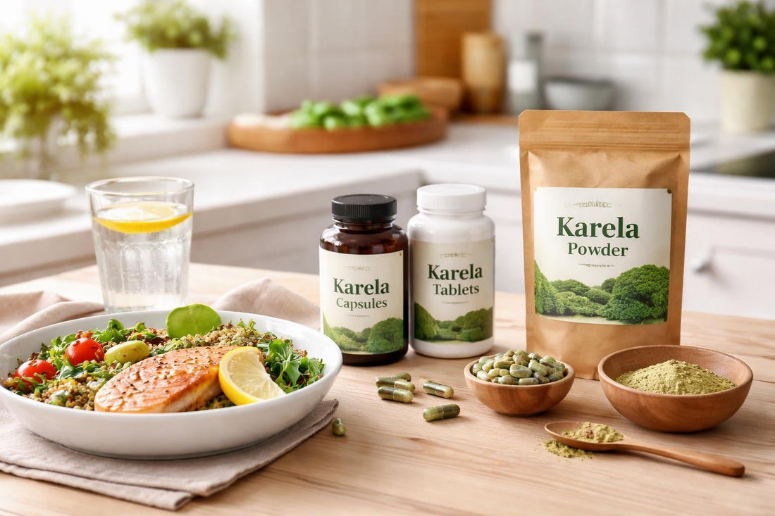Karela supplement capsules beside a healthy meal plate