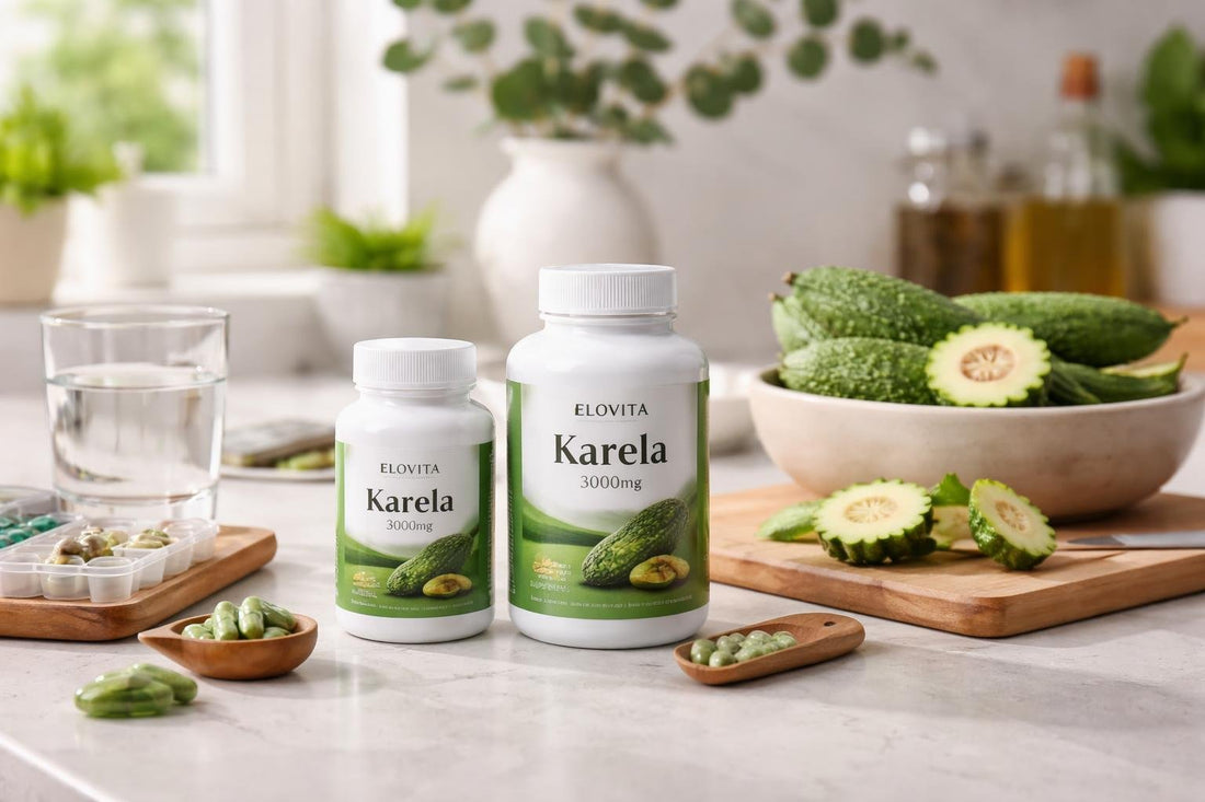 Karela supplement bottles with dosing and storage guidance