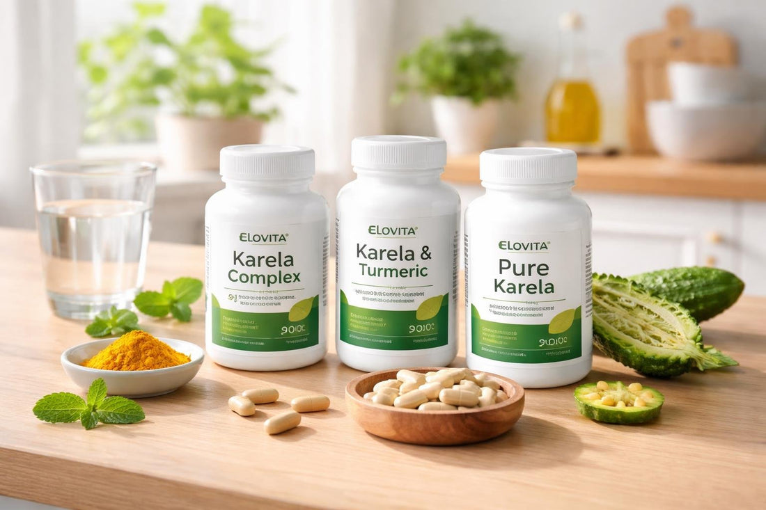 Karela supplements on wooden table with labels