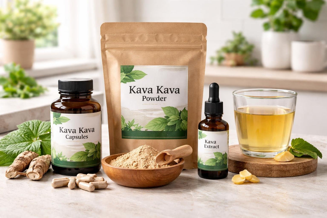 Selection of kava botanical supplements and packaging