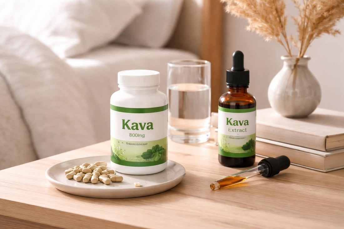 Kava capsules and liquid extract on UK bedside table