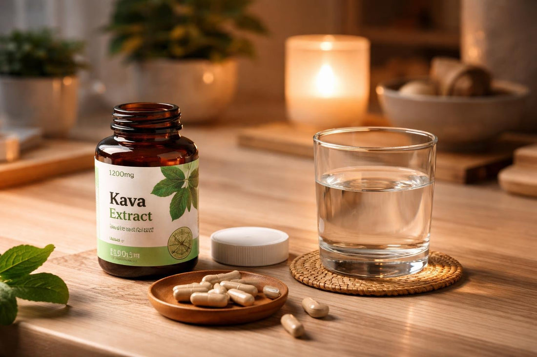 Kava botanical supplements with glass of water at night