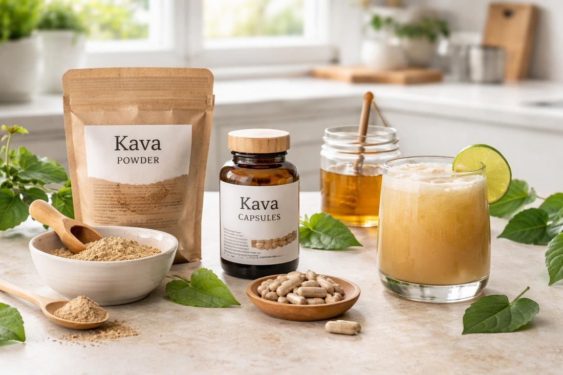 kava supplements powder tonic and drink on table
