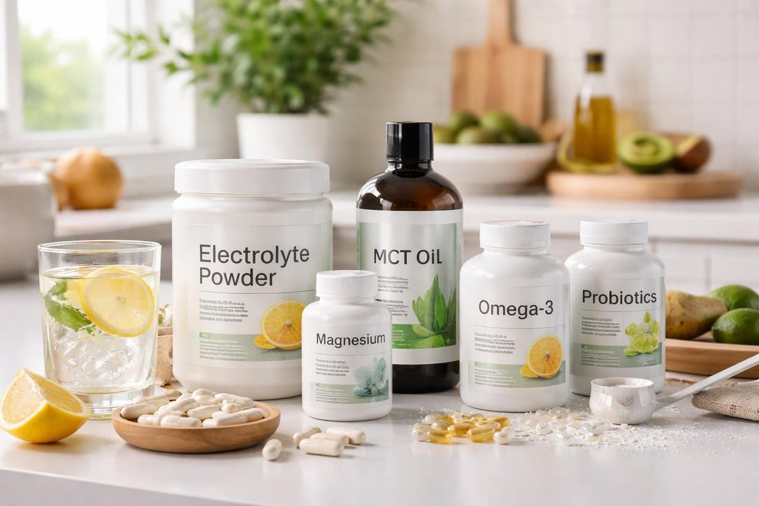 Keto beginner supplements laid out with electrolytes and magnesium