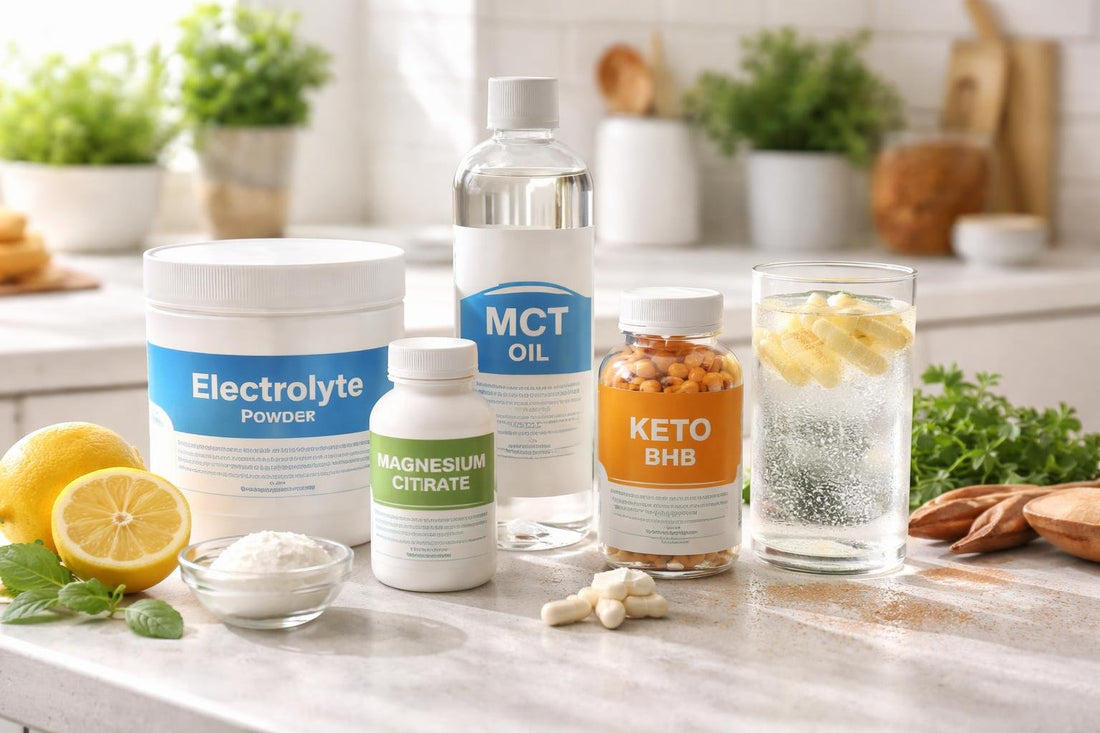 Keto supplements on kitchen counter with electrolytes and MCT