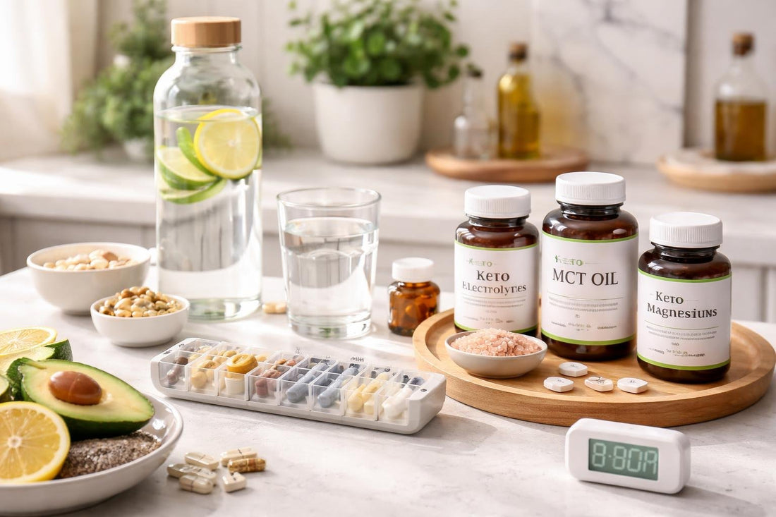 Keto supplements and electrolytes laid out for daily timing