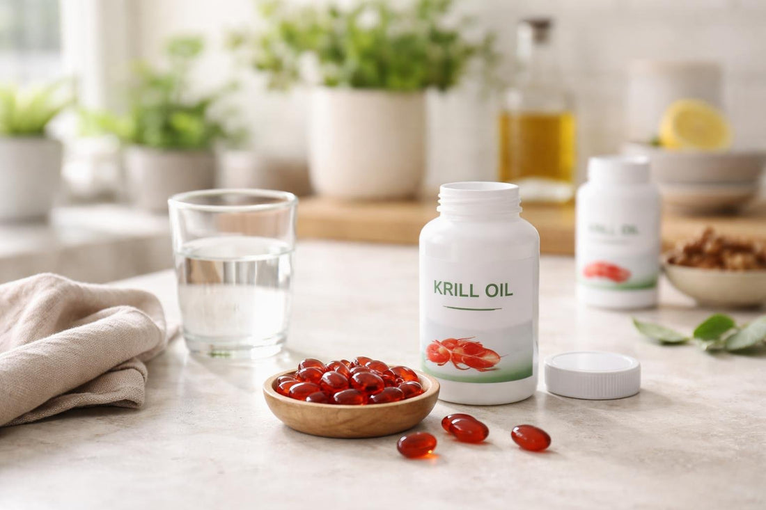 Beginner-friendly krill oil supplement softgels on UK table