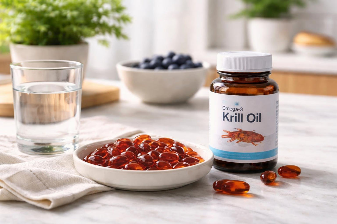 Krill oil capsules and softgels beside omega-3 label