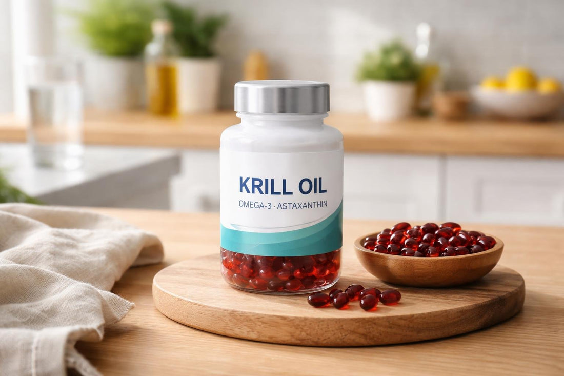 bottle of krill oil supplements on wooden table