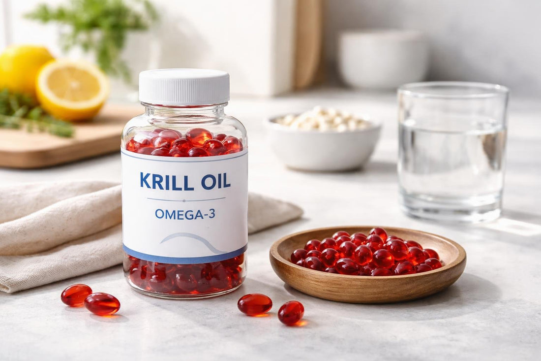 Krill oil softgel capsules with omega-3 label close-up