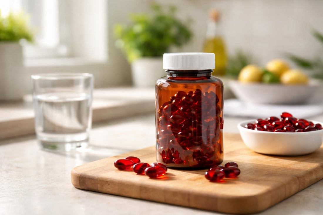 bottle of krill oil softgels for heart health