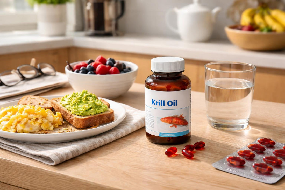 Krill oil capsules beside breakfast for a UK routine