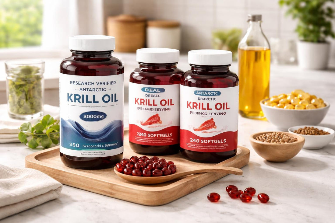 krill oil supplements bottles and capsules