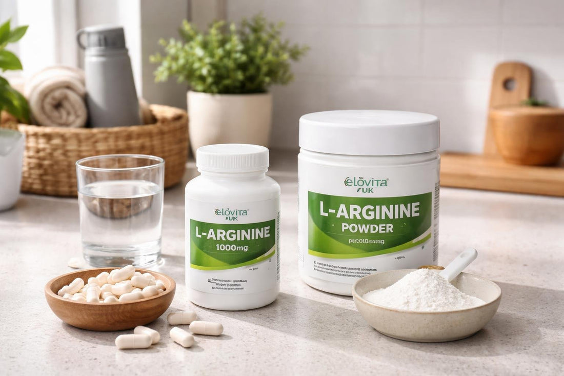 Capsules and powder L-arginine supplements on a UK countertop