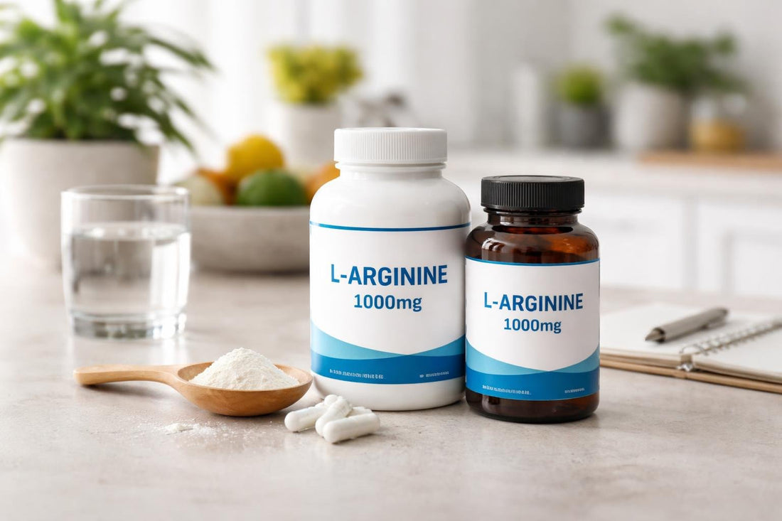 L Arginine supplements bottles and powder on table