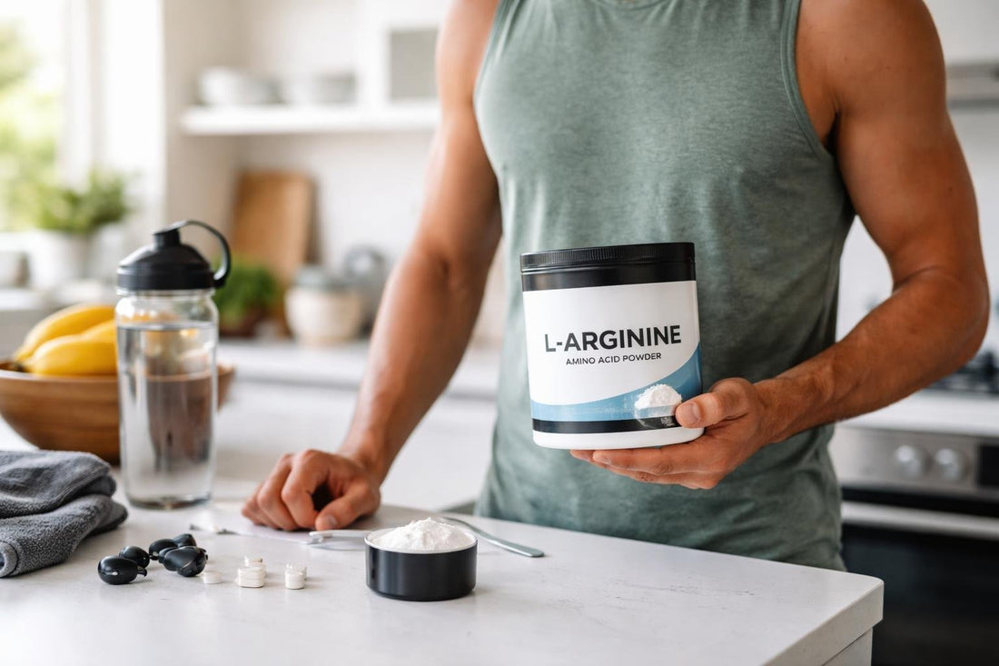 Athlete holding L Arginine supplement powder container