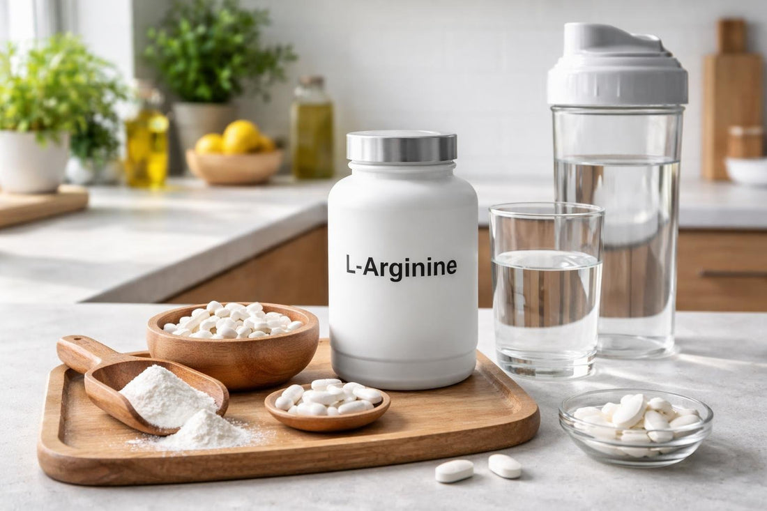 L-arginine tablets capsules and powder on a kitchen counter