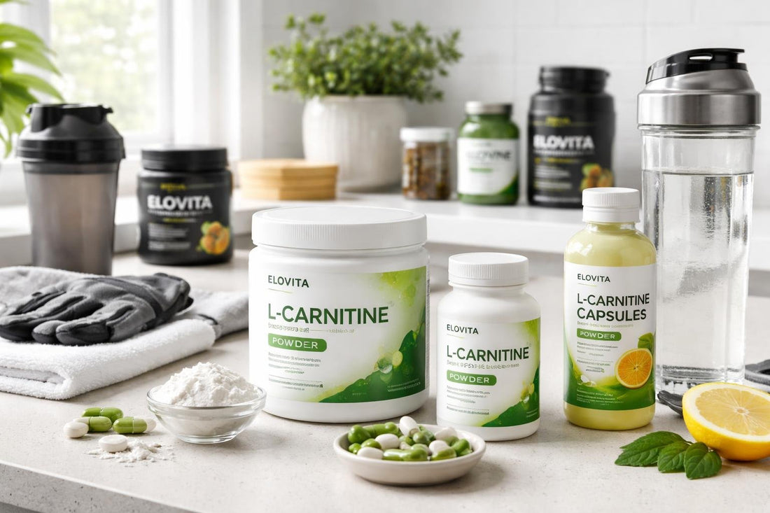 Assorted l-carnitine supplements and gym kit