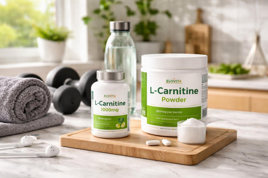 L-carnitine sports nutrition products beside gym towel