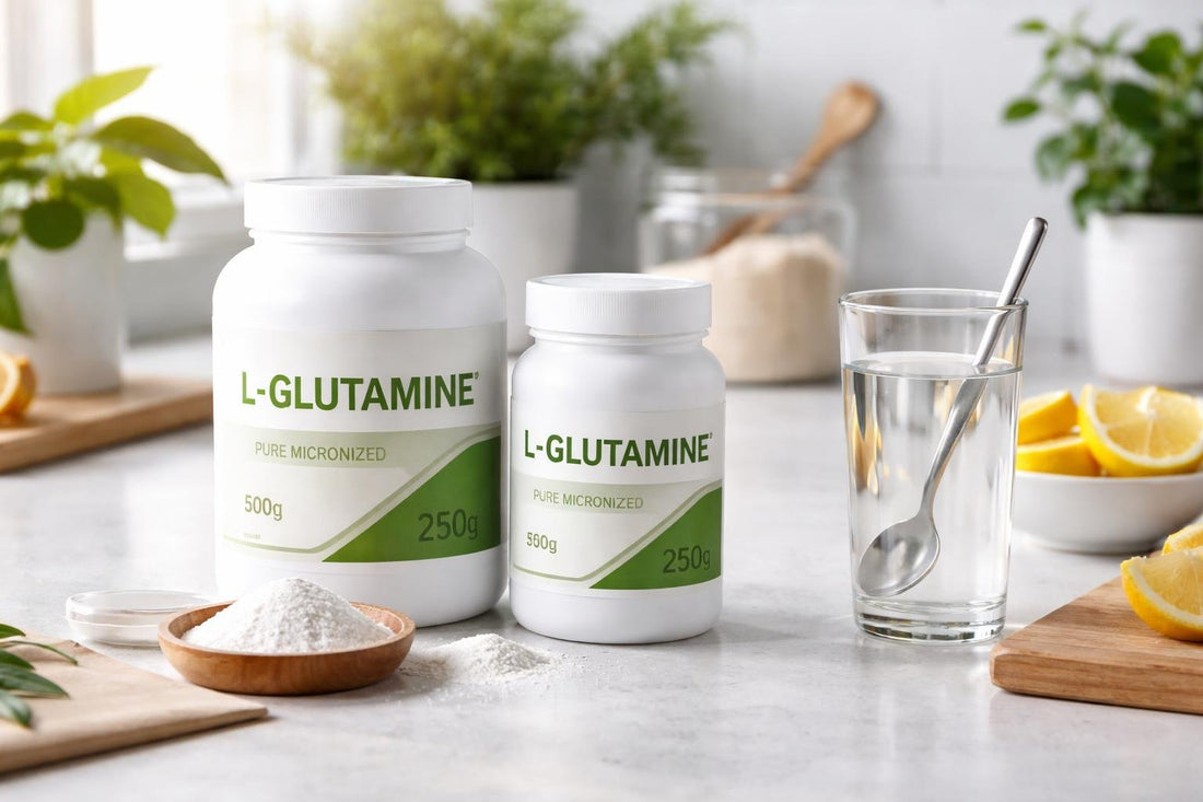 L Glutamine supplement bottles and powder UK