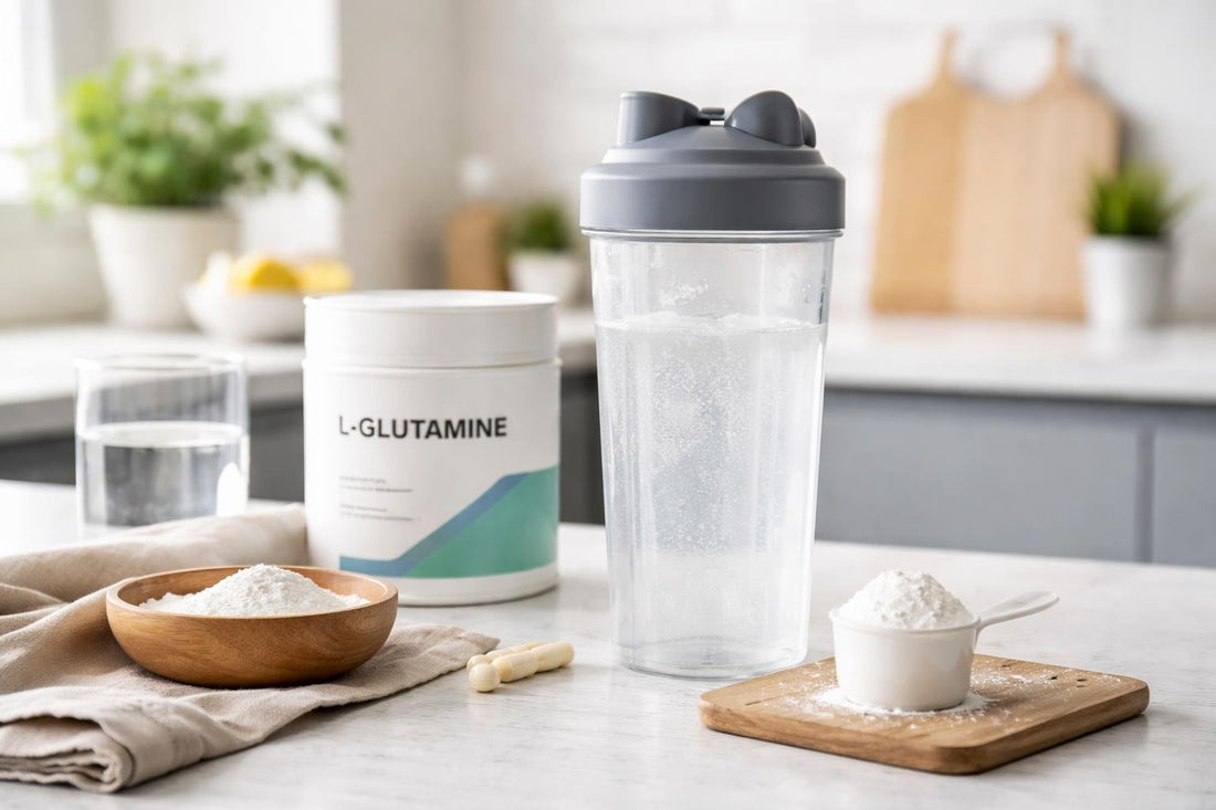 L-glutamine powder mixed in shaker bottle with water