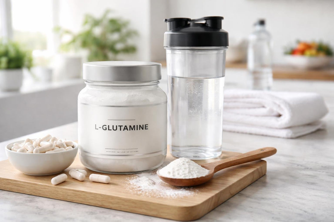 Jar of L glutamine powder and capsules