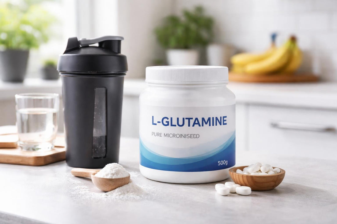 L glutamine powder supplement beside shaker in UK gym