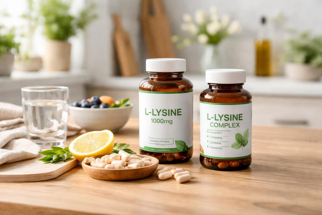 Bottles of L Lysine capsules on wooden table