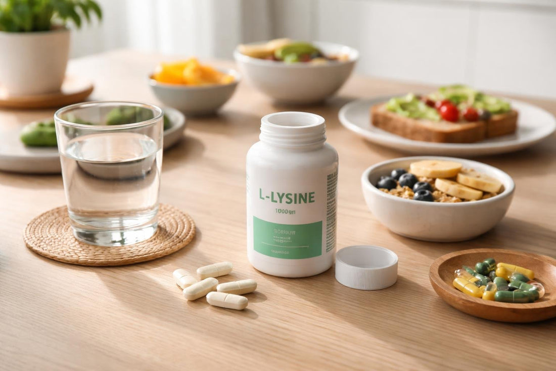 L lysine capsules with water and breakfast on table