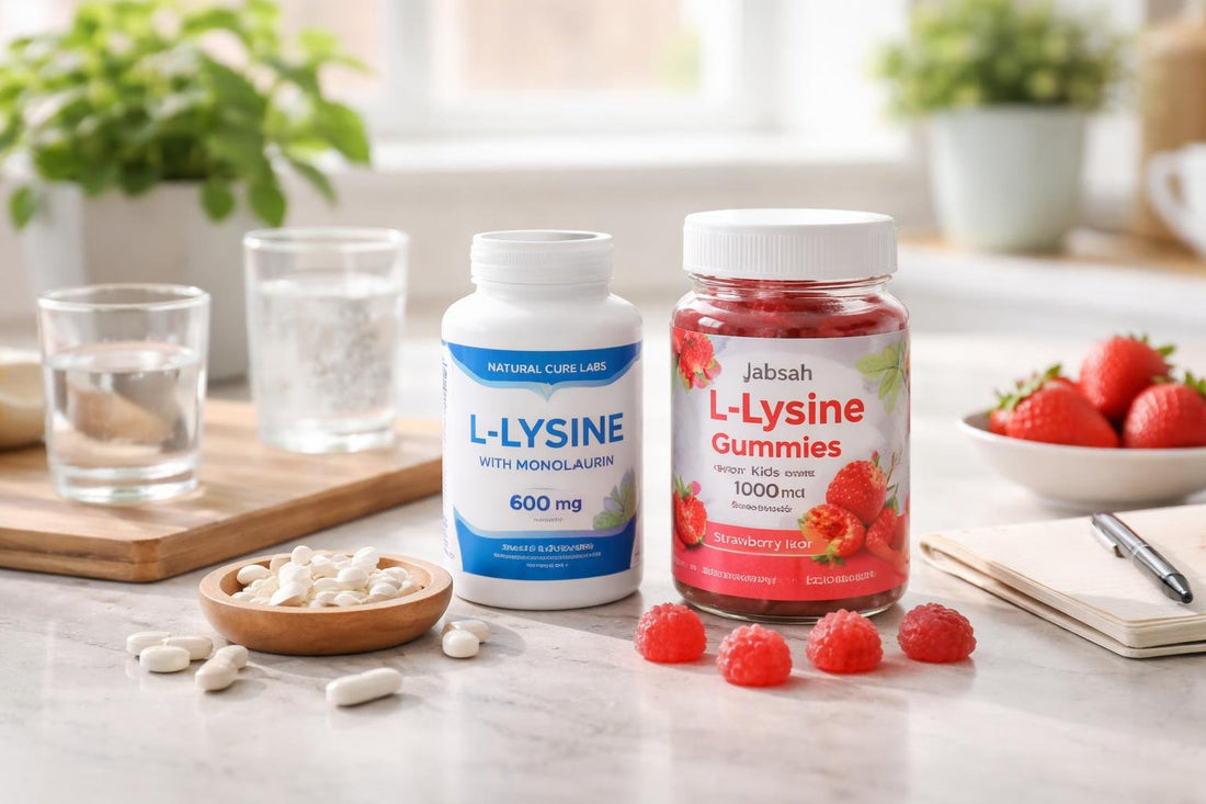 L Lysine supplement bottles showing labels and capsules