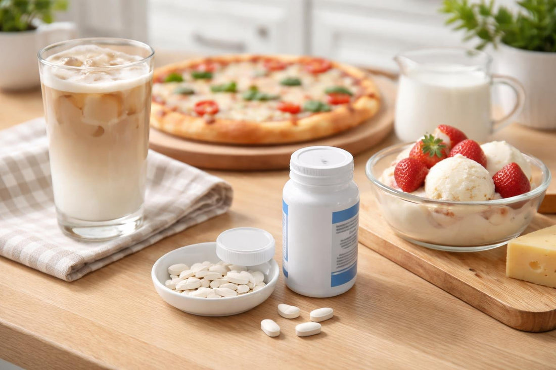 Lactase tablets beside dairy meal for timing guidance