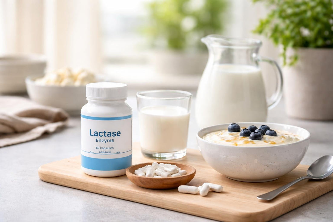 Lactase supplement tablets beside milk and yoghurt bowl