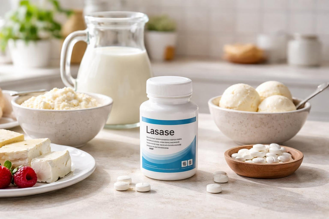 Lactase supplement tablets beside dairy foods on a kitchen table