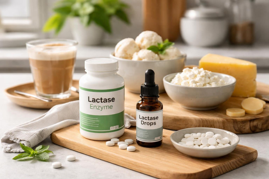 Lactase tablets and drops beside dairy foods in Yorkshire