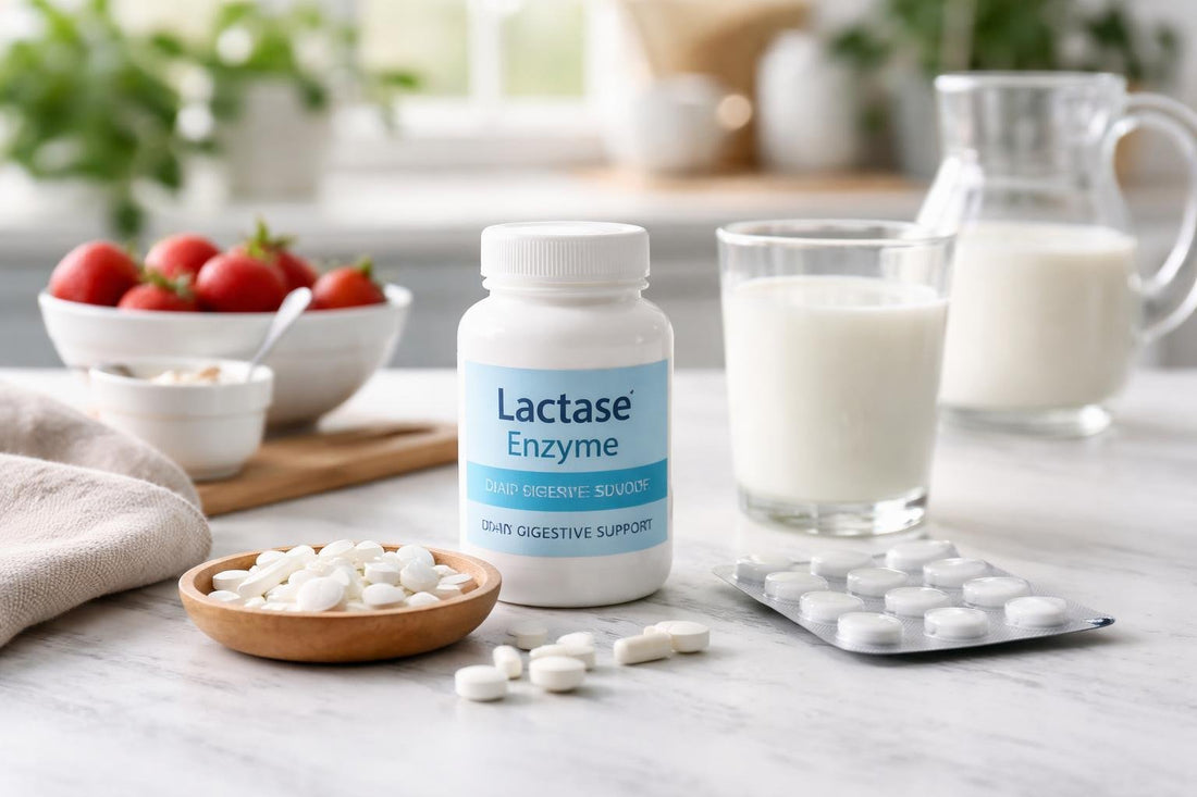 Lactase tablets and supplements on kitchen counter