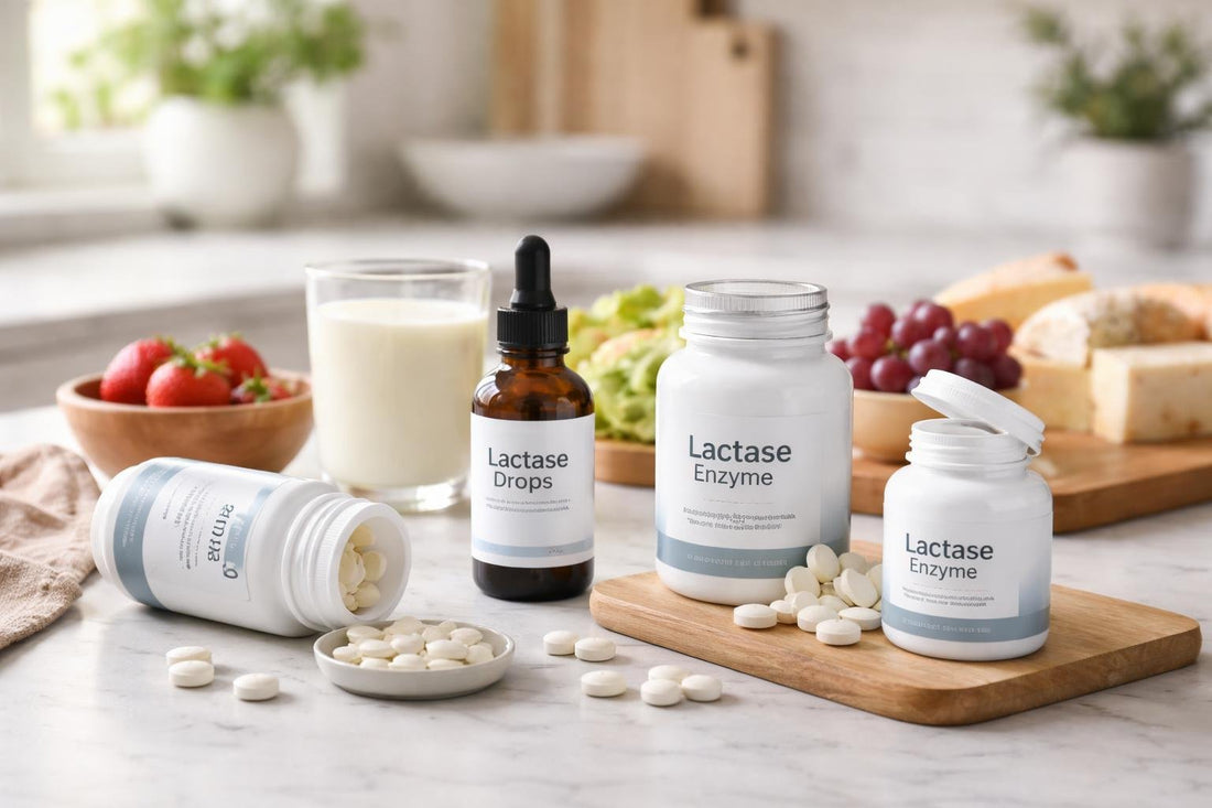 Lactase tablets, drops and chewables on a kitchen counter