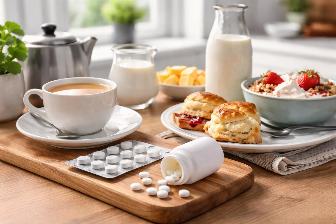 Lactase tablets beside tea and dairy foods in Yorkshire