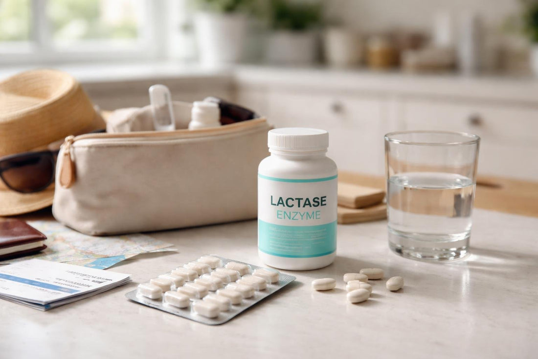 Pack of lactase supplements for travel and digestion