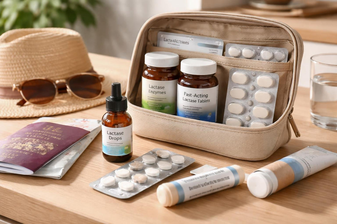 Travel kit containing lactose intolerance medicines and labels