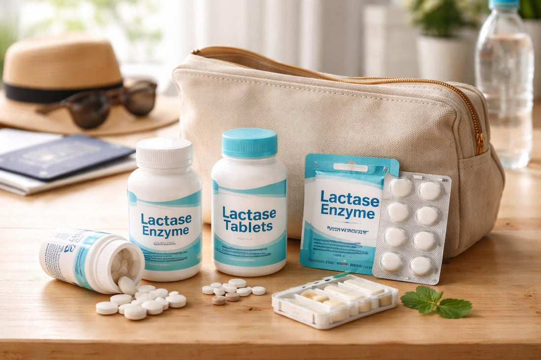 Travel pack of lactose intolerance supplements and caplets