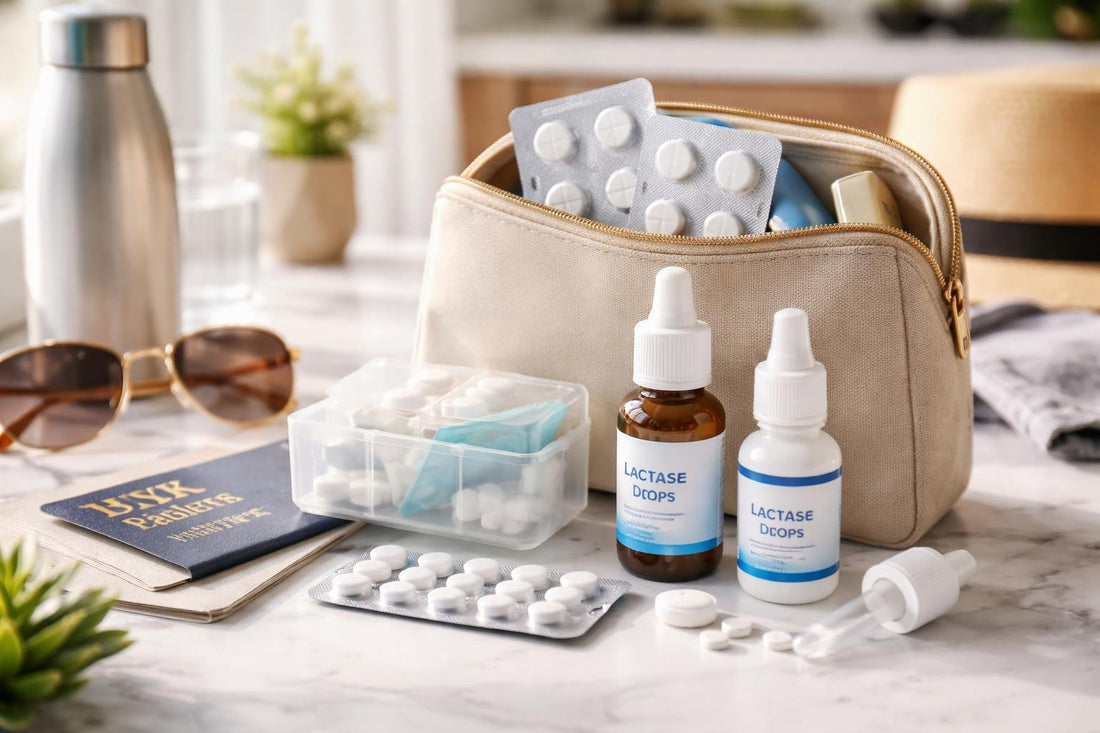 Travel kit for lactose intolerance tablets and drops