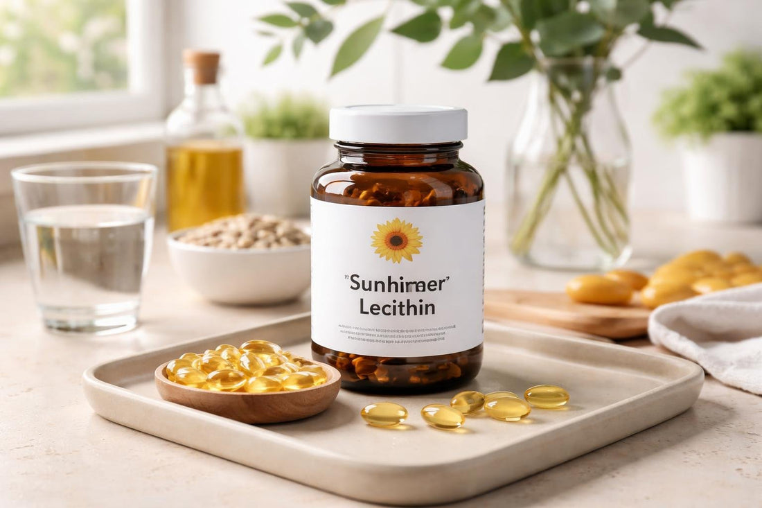 Jar and capsules of sunflower lecithin supplement