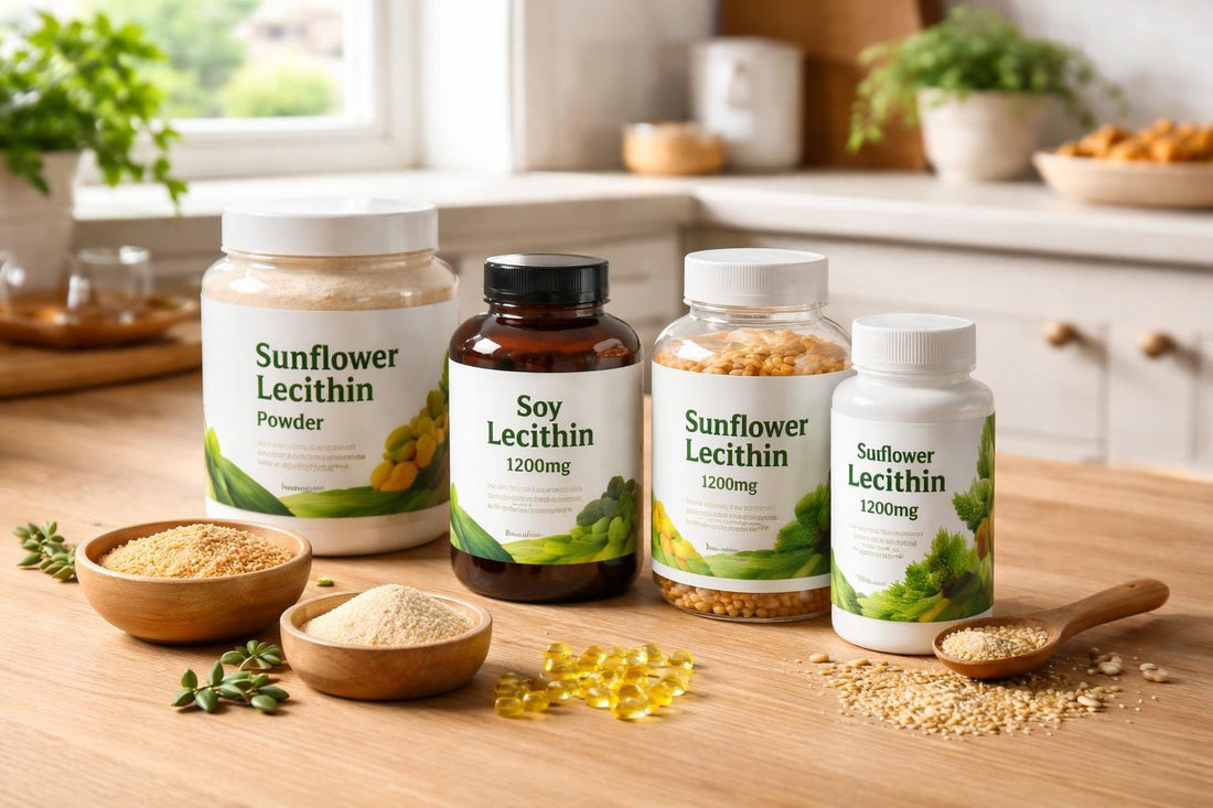 Bottles and tubs of lecithin supplements on wooden table
