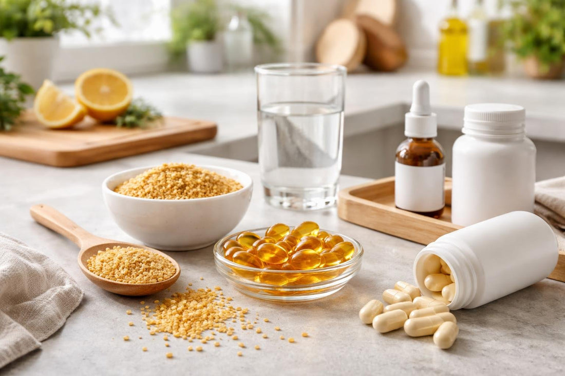 Lecithin supplement capsules and granules on a kitchen counter