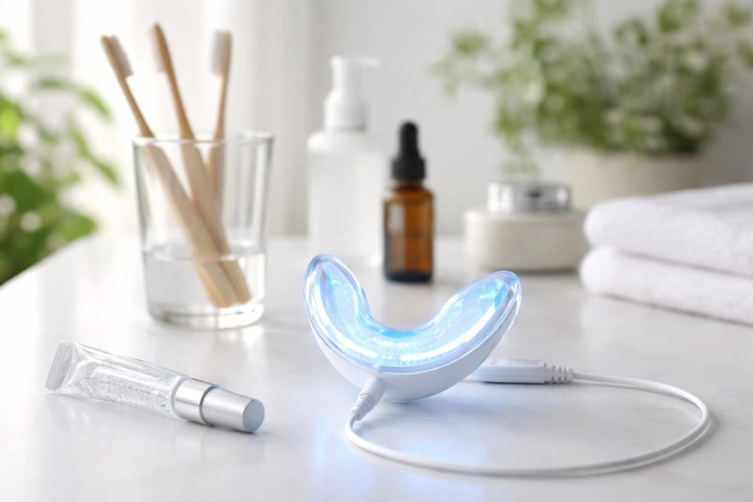 LED teeth whitening accelerator light tray in home bathroom